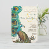 Rustic Peacock Bird Cage Feather Wedidng Invites Kaart (Staand voorkant)