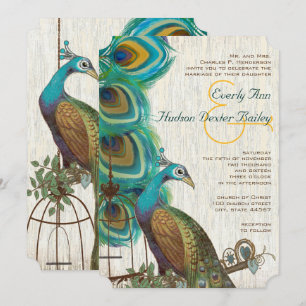 Rustic Peacock Bird Cage Feather Wedidng Invites Kaart