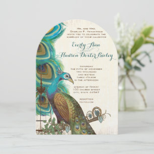 Rustic Peacock Birdcage Feather Wedding Invites Kaart