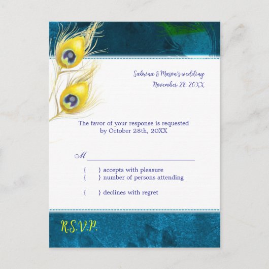 Rustic Peacock Blue Wedding RSVP Uitnodiging Briefkaart (Voorkant)