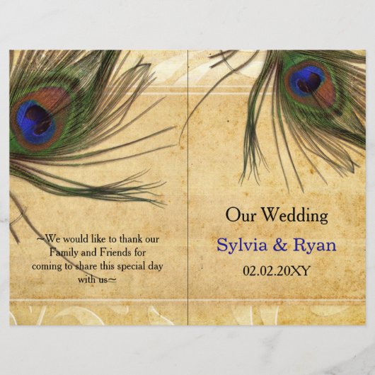 Rustic Peacock Feather bookfold Wedding programme (Voorkant)