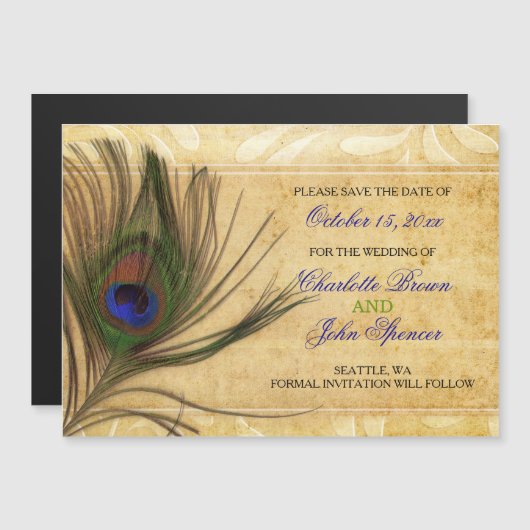 Rustic Peacock Feather bruiloft behalve de datum Magnetische Uitnodiging (Voorkant / Achterkant)