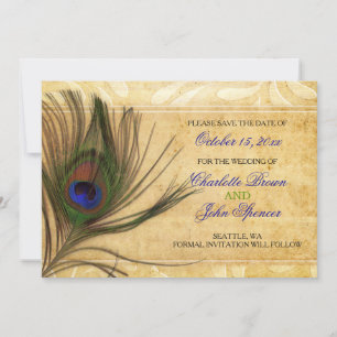 Rustic Peacock Feather bruiloft behalve de datum Save The Date
