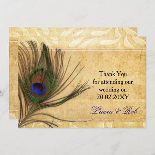 Rustic Peacock Feather bruiloft Dank u wel Kaart (Voorkant / Achterkant)