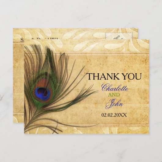 Rustic Peacock Feather bruiloft Hartelijk dank Briefkaart (Voorkant / Achterkant)