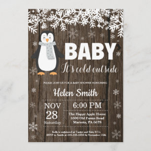 Rustic Penguin Winter Baby shower Kaart