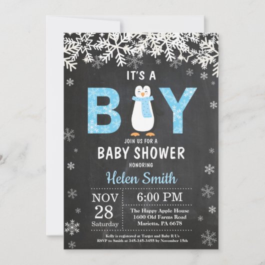 Rustic Penguin Winter Boy Baby shower Invitation (Devant)