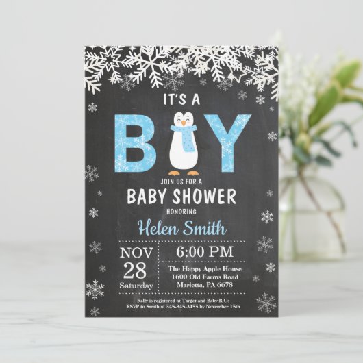 Rustic Penguin Winter Boy Baby shower Invitation (Debout devant)