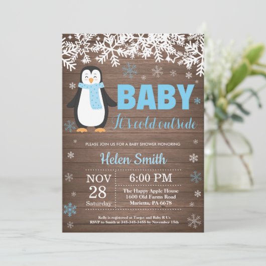 Rustic Penguin Winter Boy Baby shower Invitation (Debout devant)