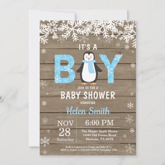 Rustic Penguin Winter Boy Baby shower Invitation (Devant)