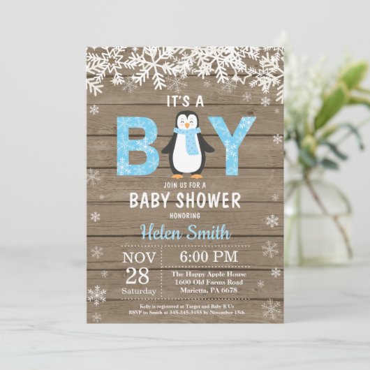 Rustic Penguin Winter Boy Baby shower Invitation (Debout devant)