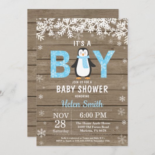 Rustic Penguin Winter Boy Baby shower Invitation (Devant / Derrière)