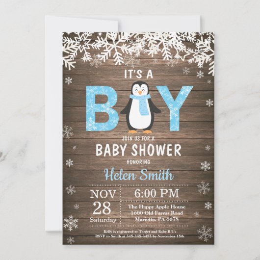 Rustic Penguin Winter Boy Baby shower Invitation (Devant)