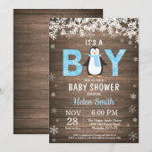 Rustic Penguin Winter Boy Baby shower Invitation (Devant / Derrière)