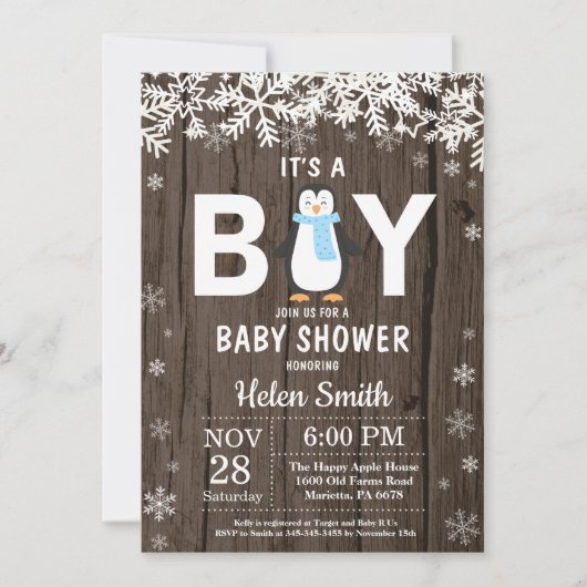 Rustic Penguin Winter Boy Baby shower Invitation (Devant)