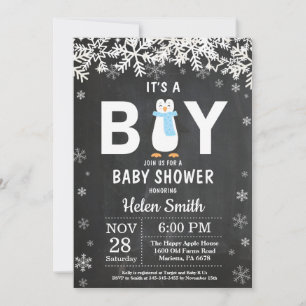 Rustic Penguin Winter Boy Baby shower Kaart