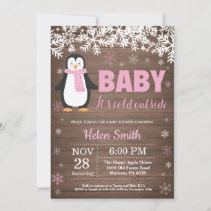Rustic Penguin Winter Girl Baby shower Invitation Kaart