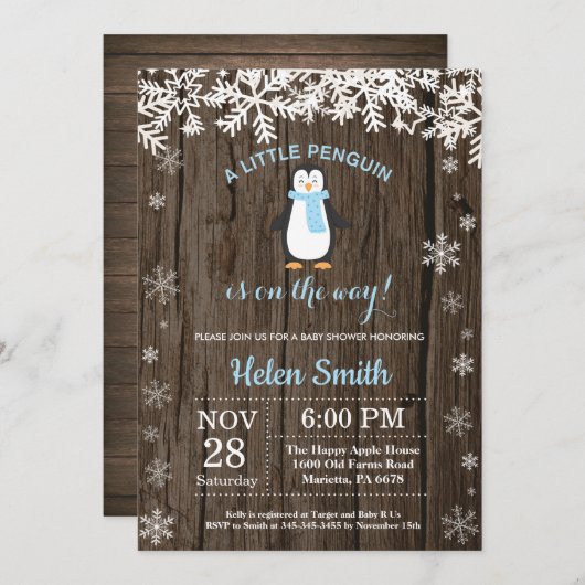 Rustic Penguin Winter Snowflake Boy Baby shower Kaart (Voorkant / Achterkant)