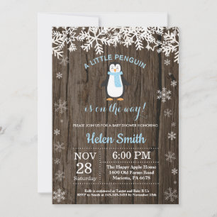 Rustic Penguin Winter Snowflake Boy Baby shower Kaart