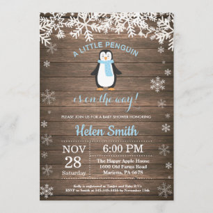Rustic Penguin Winter Snowflake Boy Baby shower Kaart