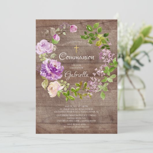 Rustic Peonies Floral Wreath Communie Uitnodiging (Staand voorkant)
