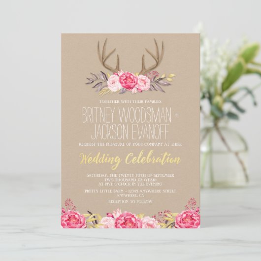 Rustic Peony et Deer Antler Wedding Invitations (Debout devant)