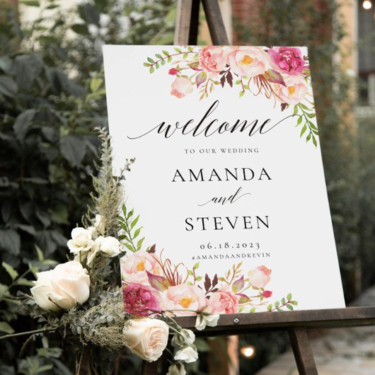 Rustic Peony Floral Wedding Welcome Sign Poster