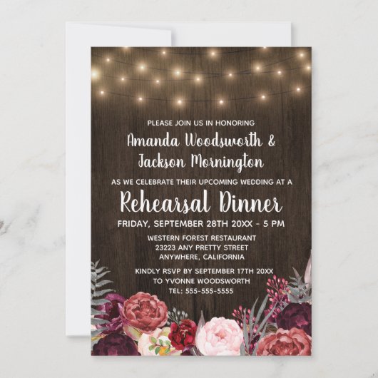 Rustic Peony Marsala Répétition Dîner Invitations (Devant)