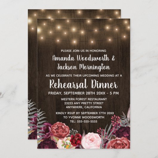 Rustic Peony Marsala Répétition Dîner Invitations (Devant / Derrière)