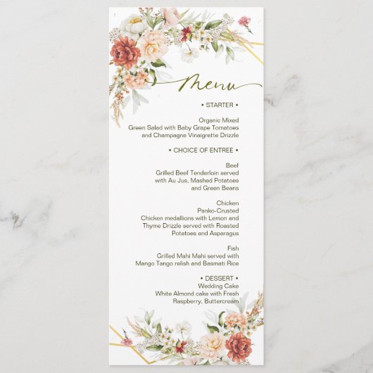 Rustic Peony Rose Terracotta Floral Mariage Menu (Devant)