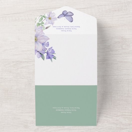 Rustic Periwinkle Flowers & Butterfly Green Dinner All In One Uitnodiging (Buitenkant)