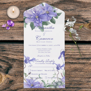 Rustic Periwinkle Flowers & Butterfly White Dinner All In One Uitnodiging