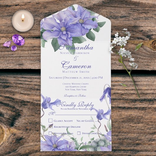 Rustic Periwinkle Flowers & Butterfly White Dinner All In One Uitnodiging