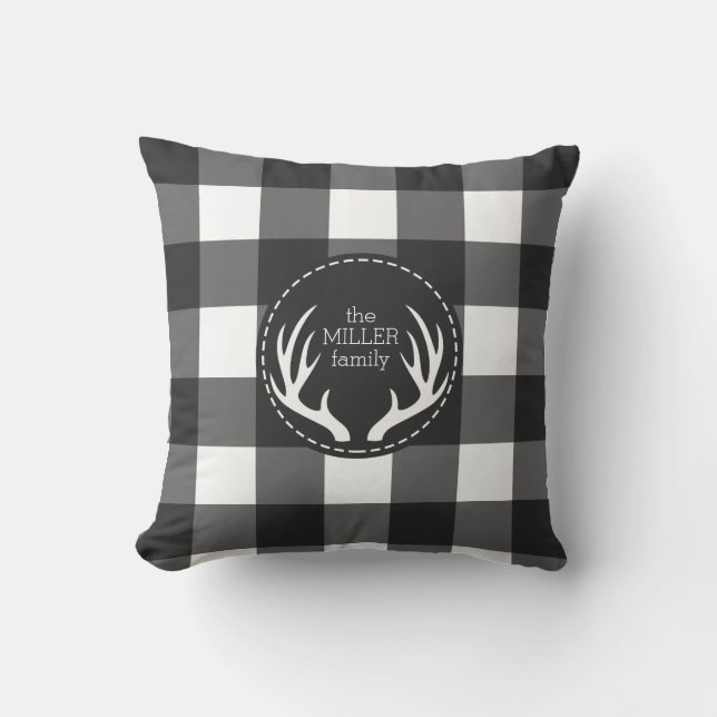 Rustic Personalized Black White Pset Antler Kussen (Voorkant)