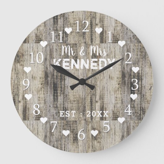 Rustic Personalized Brown Barn Wood Wedding Grote Klok (Voorkant)