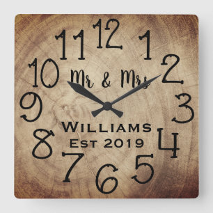 Rustic Personalized Brown Wood Custom Vierkante Klok