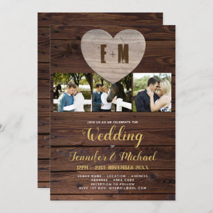 Rustic PHOTO Wedding Invitding Gold Calligraphy Kaart