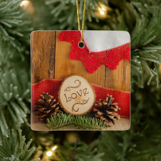 Rustic Pine and Red Lace Winter Woodland Wedding Keramisch Ornament (Boom)