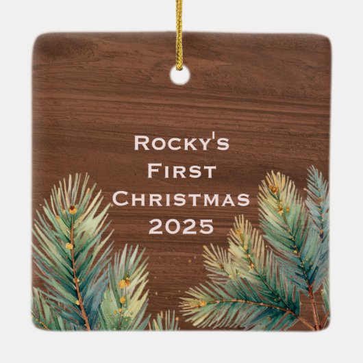 Rustic Pine Branch Pet's Eerste Kerst Keepsake Keramisch Ornament (Achterkant)