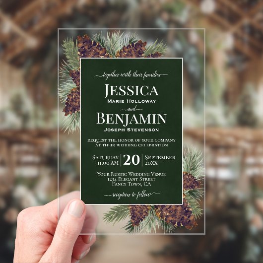 Rustic Pine Cones & Branches Stylish Text Wedding Acryl Uitnodigingen