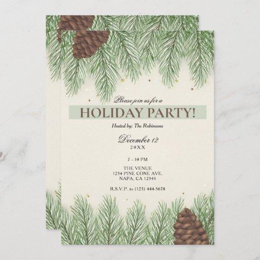 Rustic Pine Cones & Fir Christmas Holiday Party Kaart (Voorkant / Achterkant)
