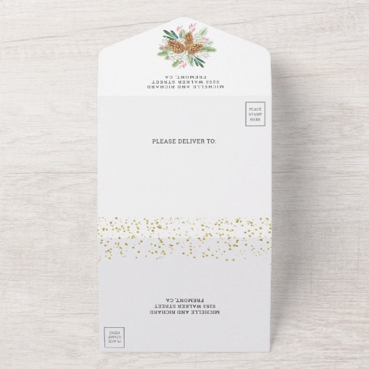 Rustic Pine Cones Wreatfoto kerstbruiloft All In One Uitnodiging (Buitenkant)