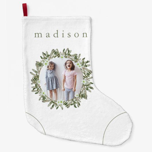Rustic Pine en Floral Photo Wreator met naam Grote Kerstsok (Voorkant)