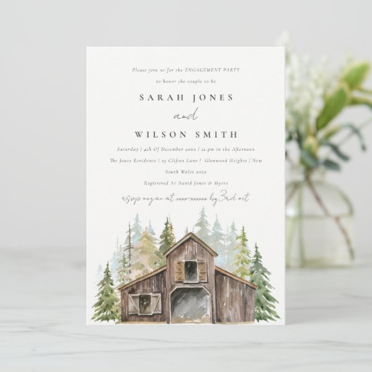 Rustic Pine Forest Barnyard Fiançailles Invitation (Debout devant)