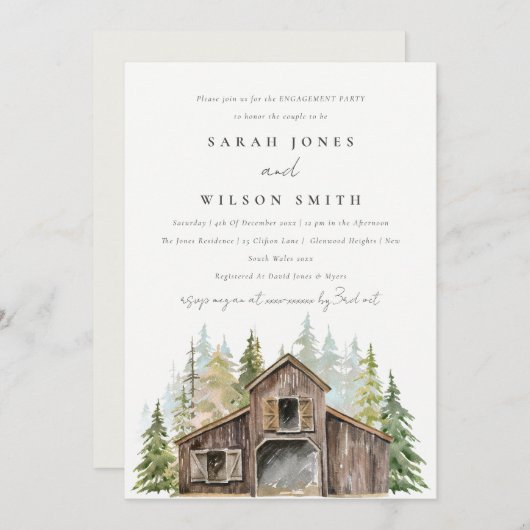 Rustic Pine Forest Barnyard Fiançailles Invitation (Devant / Derrière)
