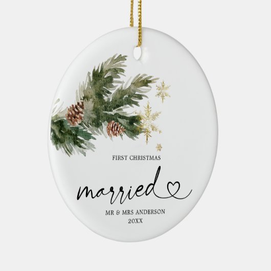 Rustic Pine Leaf First Kersthuwelijk Ornament (Rechts)