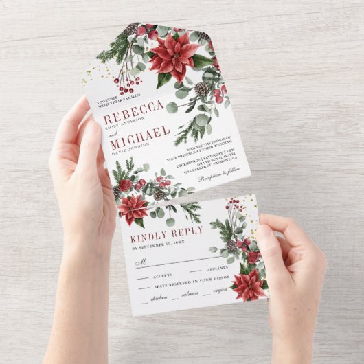 Rustic Pine Poinsettia Floral kerstbruiloft All In One Uitnodiging (Afscheurbaar)