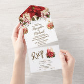 Rustic Pine Poinsettia Floral kerstbruiloft All In One Uitnodiging (Afscheurbaar)