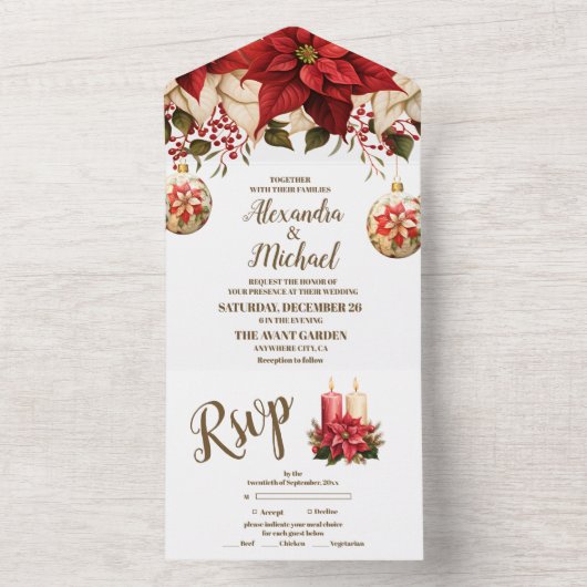 Rustic Pine Poinsettia Floral kerstbruiloft All In One Uitnodiging (Binnen)