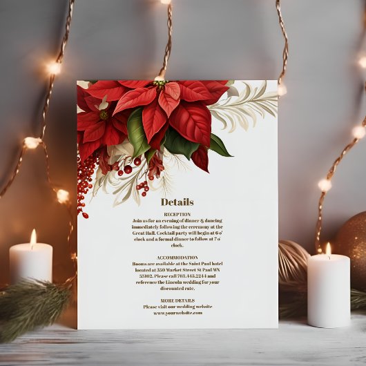 Rustic Pine Poinsettia Floral kerstbruiloft Informatiekaartje